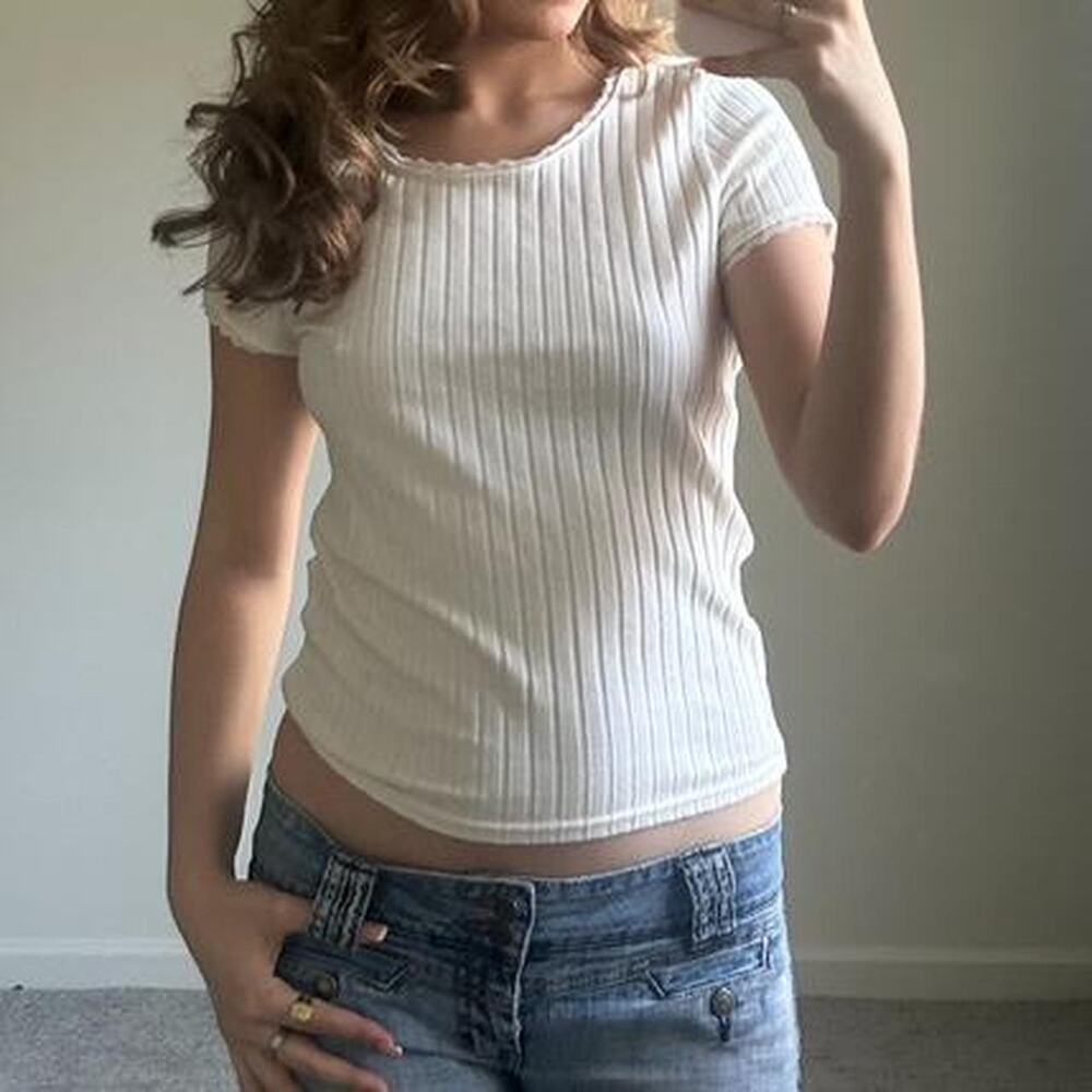 J. Crew ribbed cotton chic lace trimmed minimalist baby tee